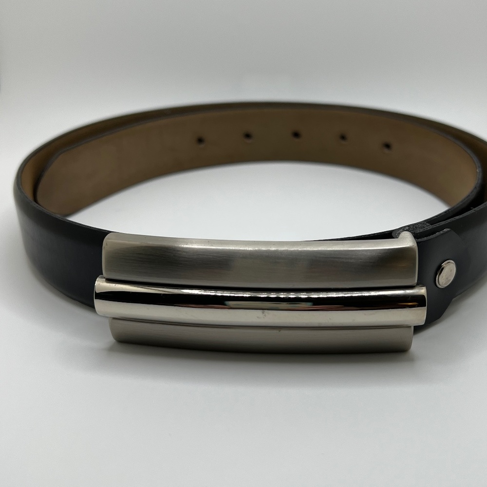 Authentic Vintage BB Simon Black Leather Belt Silver & Brushed Silver Buckle